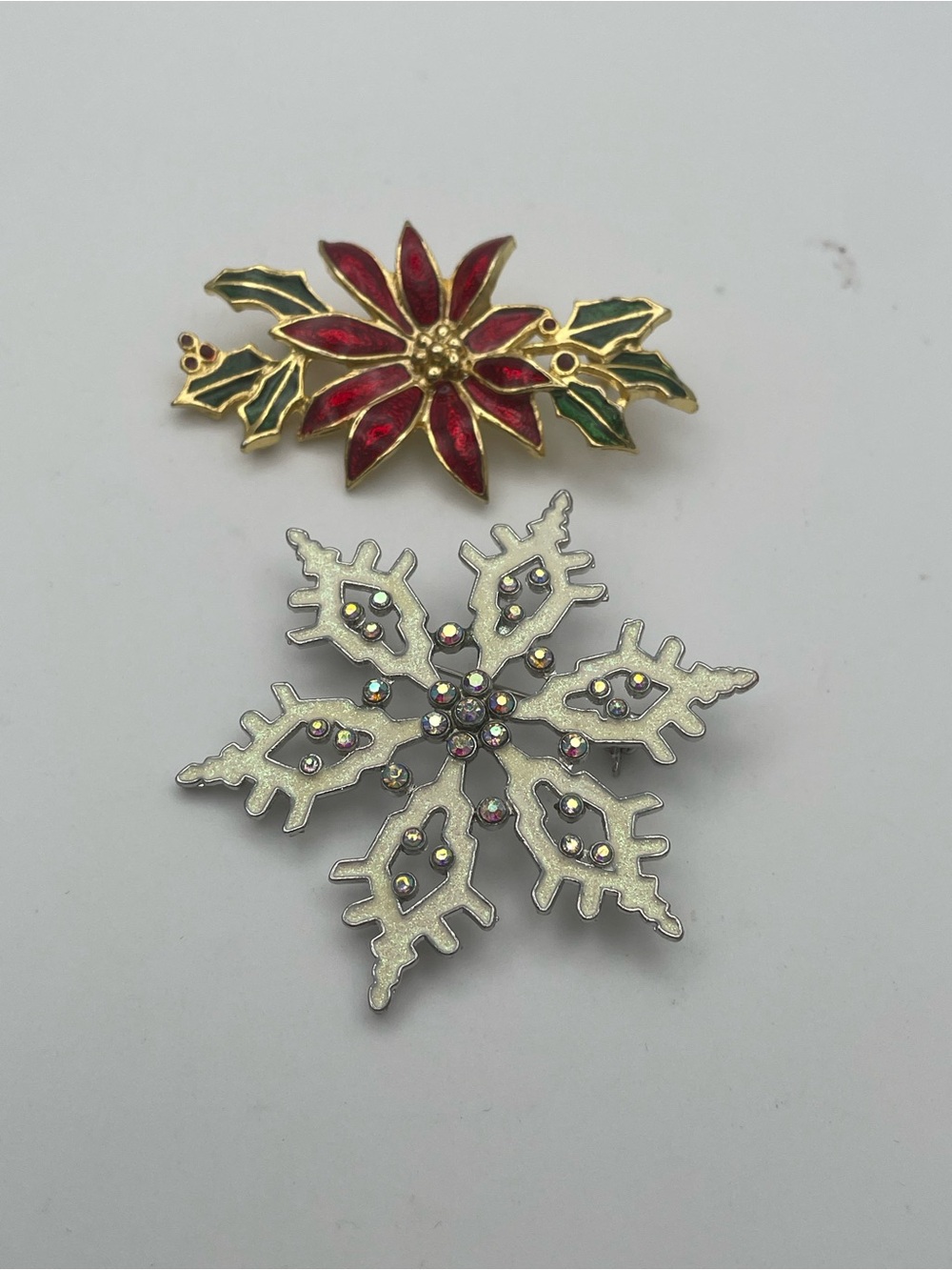 Holiday Enamel Poinsettia Flower and White Snowflake with Crystals Brooch Set